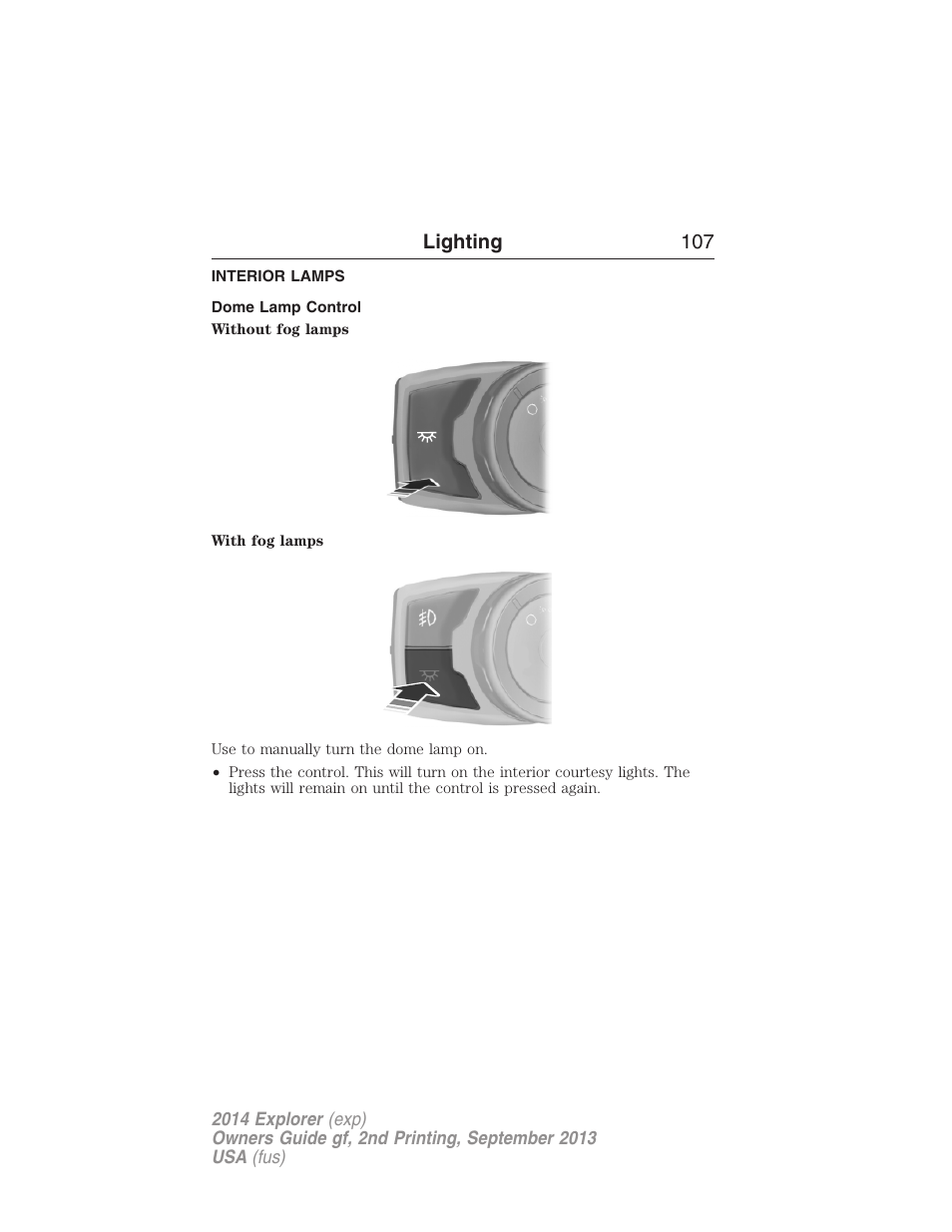 Interior lamps, Dome lamp control, Lighting 107 | FORD 2014 Explorer v.2 User Manual | Page 109 / 593