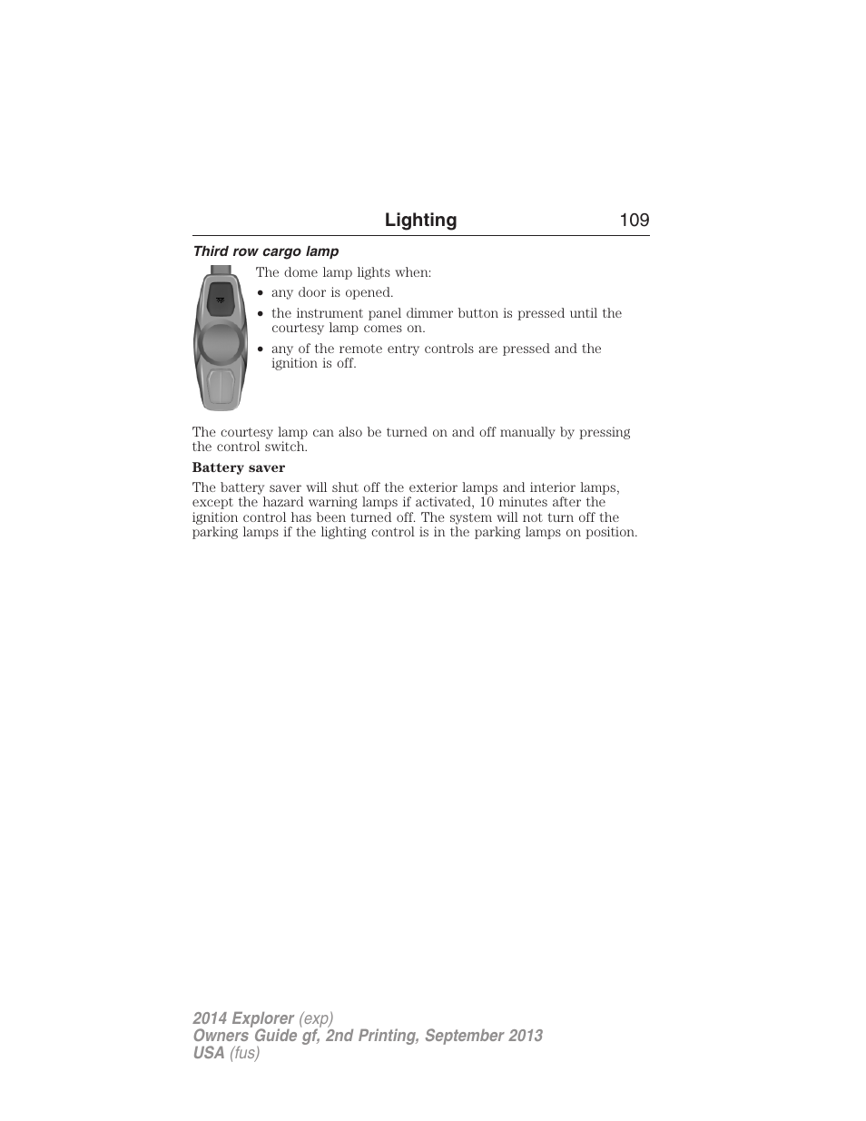 Third row cargo lamp, Lighting 109 | FORD 2014 Explorer v.2 User Manual | Page 111 / 593