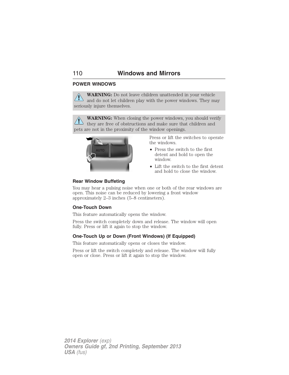 Windows and mirrors, Power windows, Rear window buffeting | One-touch down, One-touch up or down (front windows) (if equipped), 110 windows and mirrors | FORD 2014 Explorer v.2 User Manual | Page 112 / 593