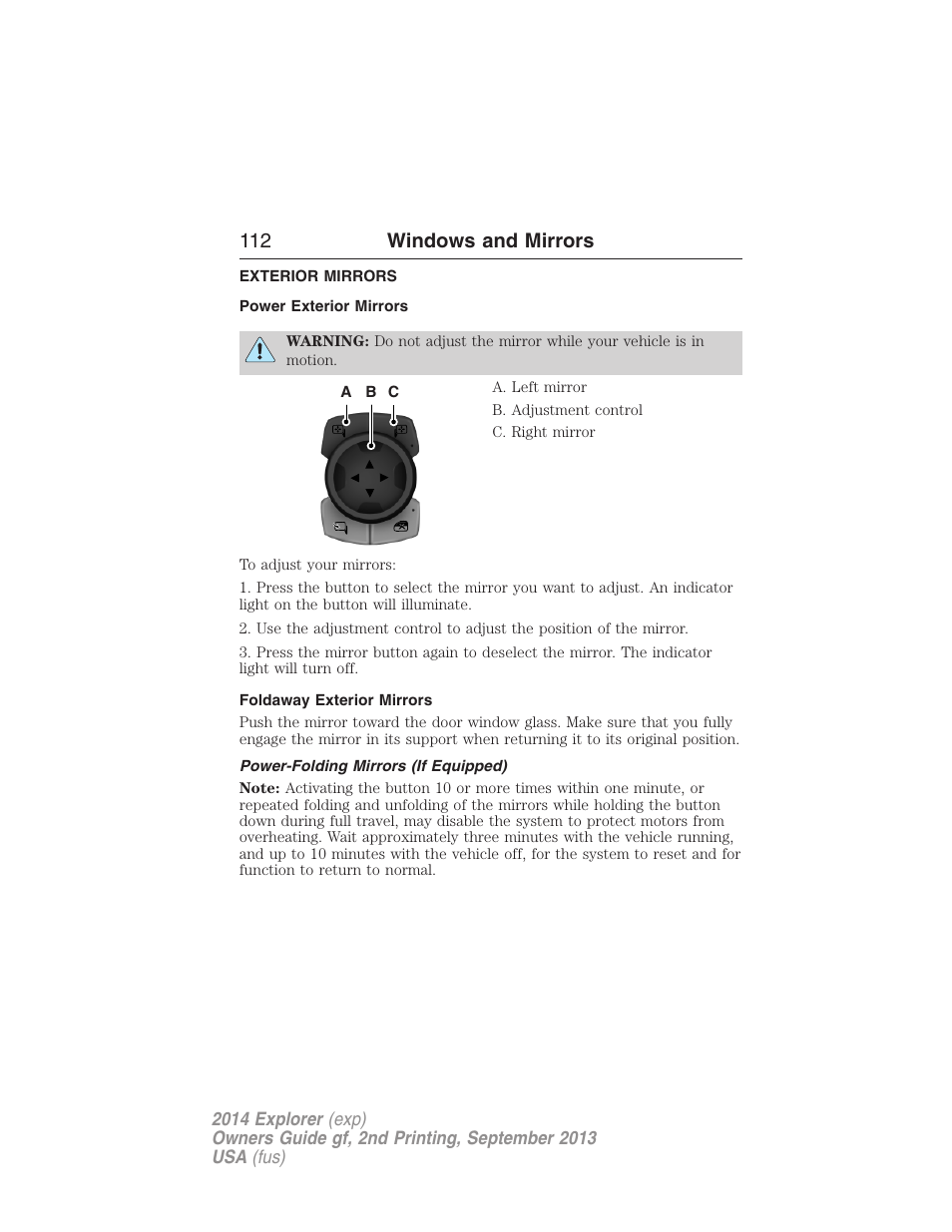 Exterior mirrors, Power exterior mirrors, Foldaway exterior mirrors | Power-folding mirrors (if equipped), 112 windows and mirrors | FORD 2014 Explorer v.2 User Manual | Page 114 / 593