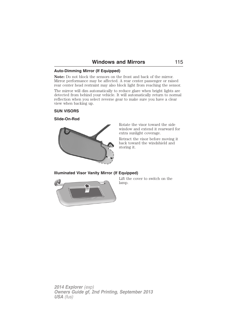 Auto-dimming mirror (if equipped), Sun visors, Slide-on-rod | Illuminated visor vanity mirror (if equipped), Windows and mirrors 115 | FORD 2014 Explorer v.2 User Manual | Page 117 / 593