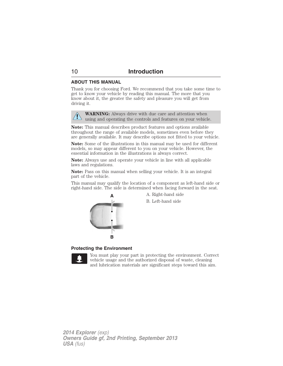 Introduction, About this manual, Protecting the environment | 10 introduction | FORD 2014 Explorer v.2 User Manual | Page 12 / 593