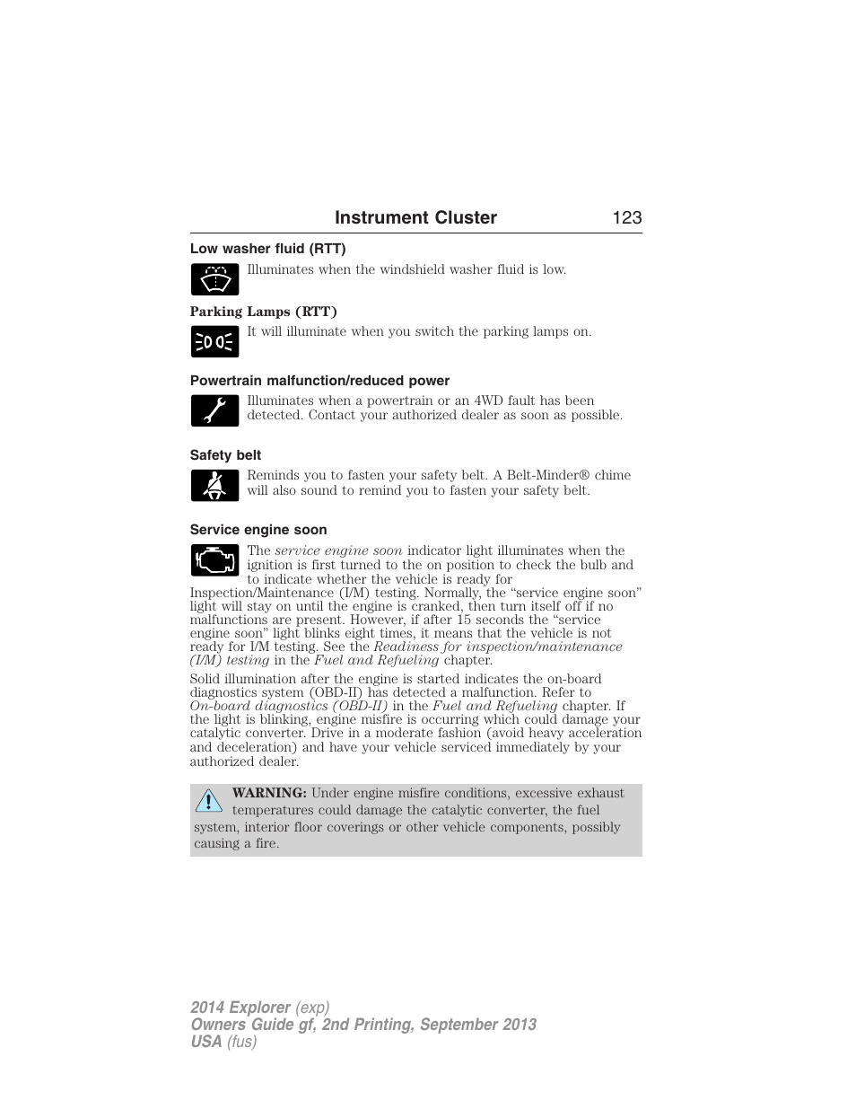 Low washer fluid (rtt), Powertrain malfunction/reduced power, Safety belt | Service engine soon, Instrument cluster 123 | FORD 2014 Explorer v.2 User Manual | Page 125 / 593