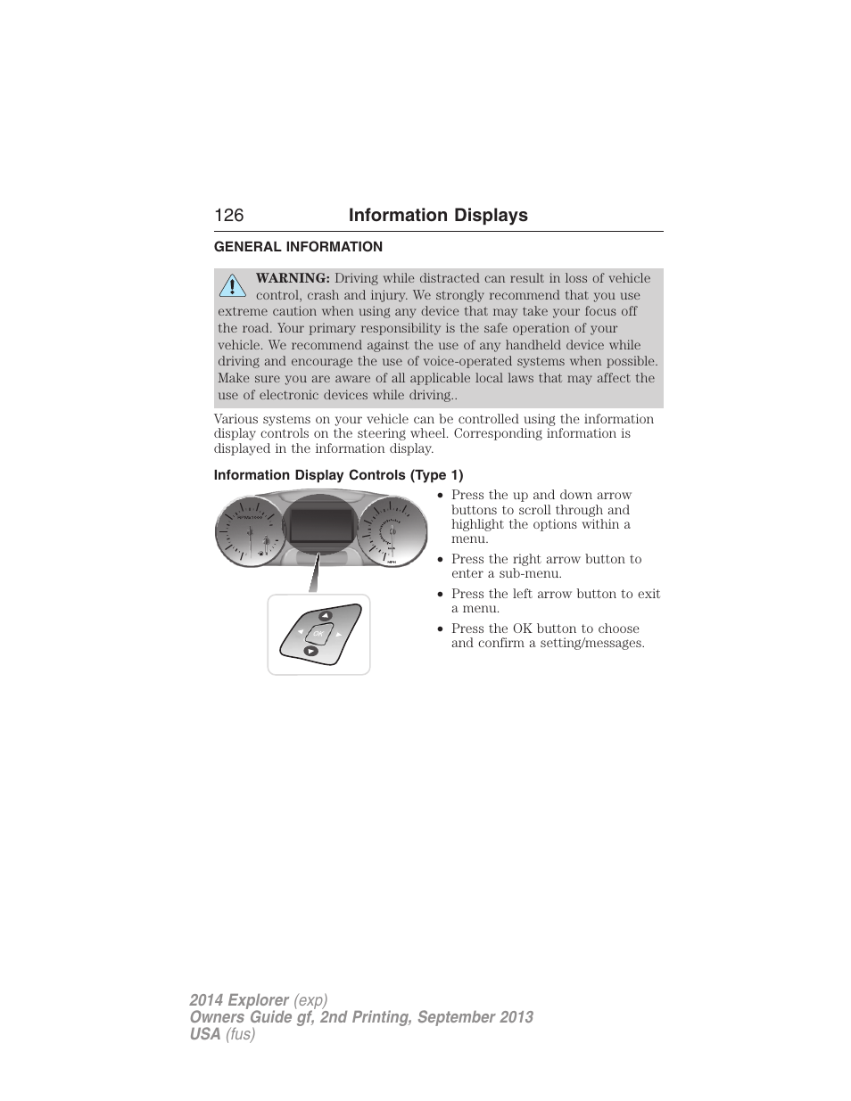 Information displays, General information, Information display controls (type 1) | Controls, 126 information displays | FORD 2014 Explorer v.2 User Manual | Page 128 / 593