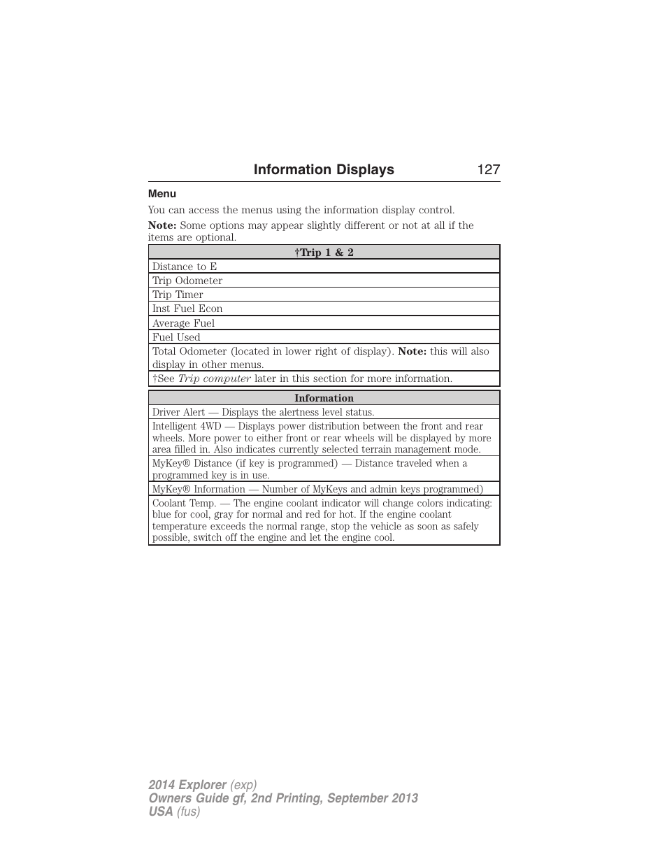 Menu, Information displays 127 | FORD 2014 Explorer v.2 User Manual | Page 129 / 593