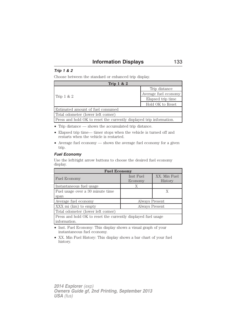 Trip 1 & 2, Fuel economy, Information displays 133 | FORD 2014 Explorer v.2 User Manual | Page 135 / 593