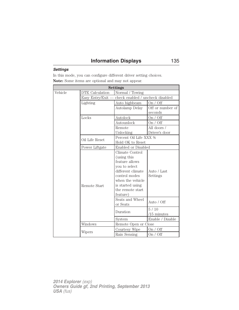 Settings, Information displays 135 | FORD 2014 Explorer v.2 User Manual | Page 137 / 593