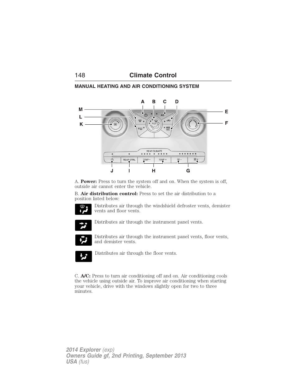 Climate control, Manual heating and air conditioning system, Manual heating and air conditioning | 148 climate control | FORD 2014 Explorer v.2 User Manual | Page 150 / 593