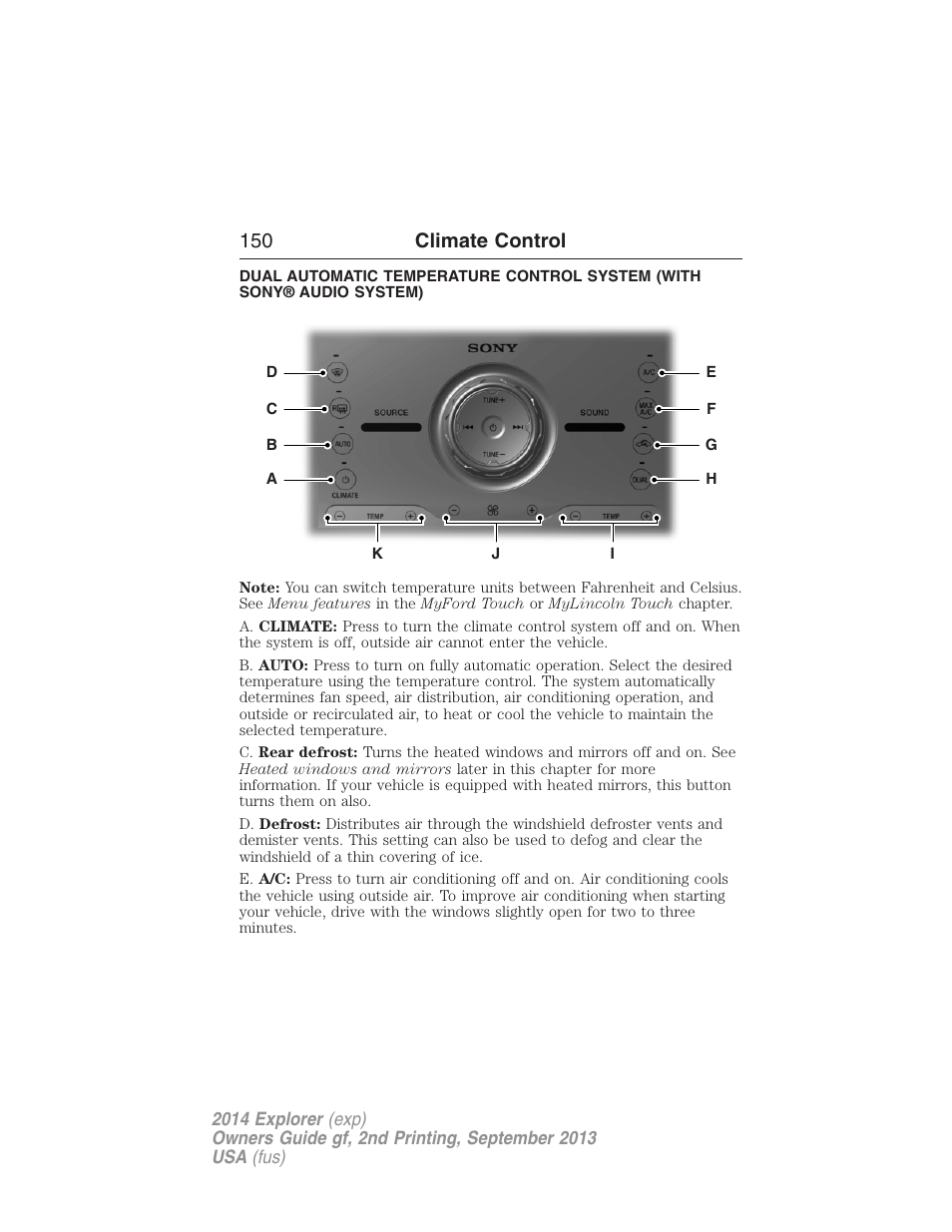 Dual automatic temperature control, 150 climate control | FORD 2014 Explorer v.2 User Manual | Page 152 / 593