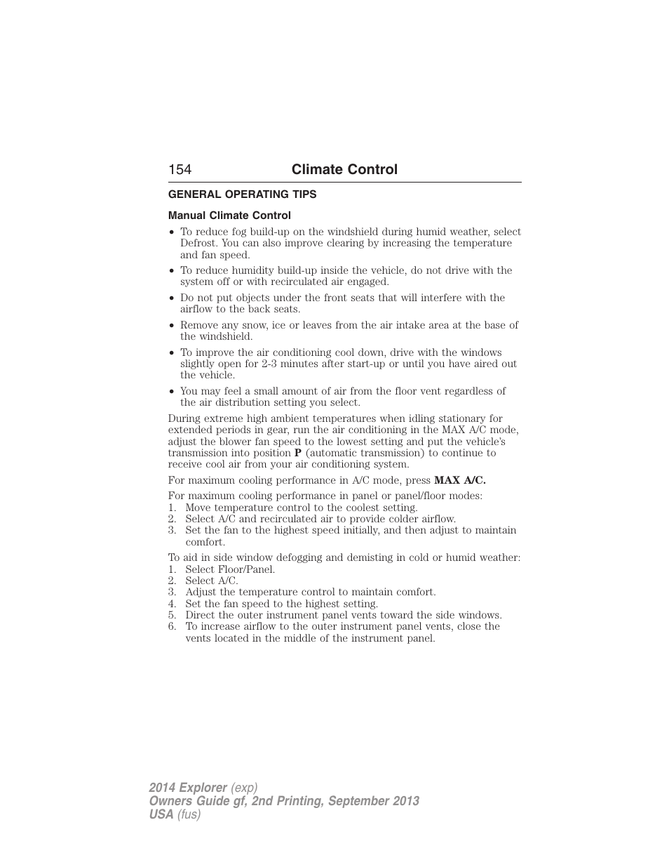 General operating tips, Manual climate control, 154 climate control | FORD 2014 Explorer v.2 User Manual | Page 156 / 593