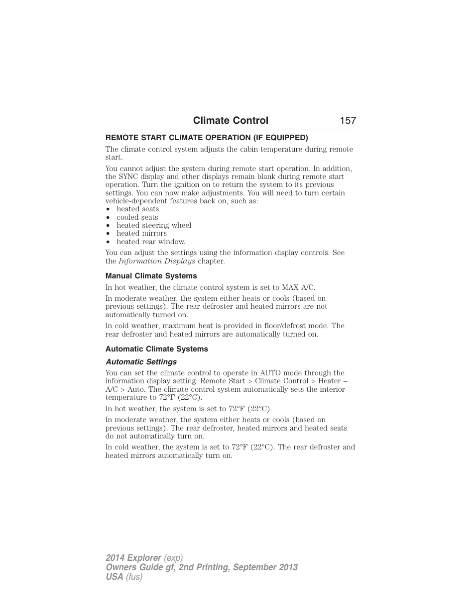 Remote start climate operation (if equipped), Manual climate systems, Automatic climate systems | Automatic settings, Climate control 157 | FORD 2014 Explorer v.2 User Manual | Page 159 / 593