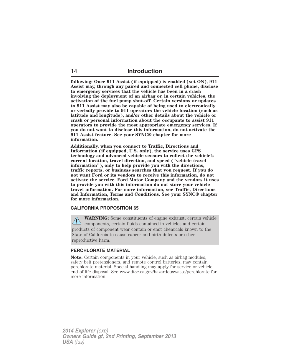 California proposition 65, Perchlorate material, 14 introduction | FORD 2014 Explorer v.2 User Manual | Page 16 / 593