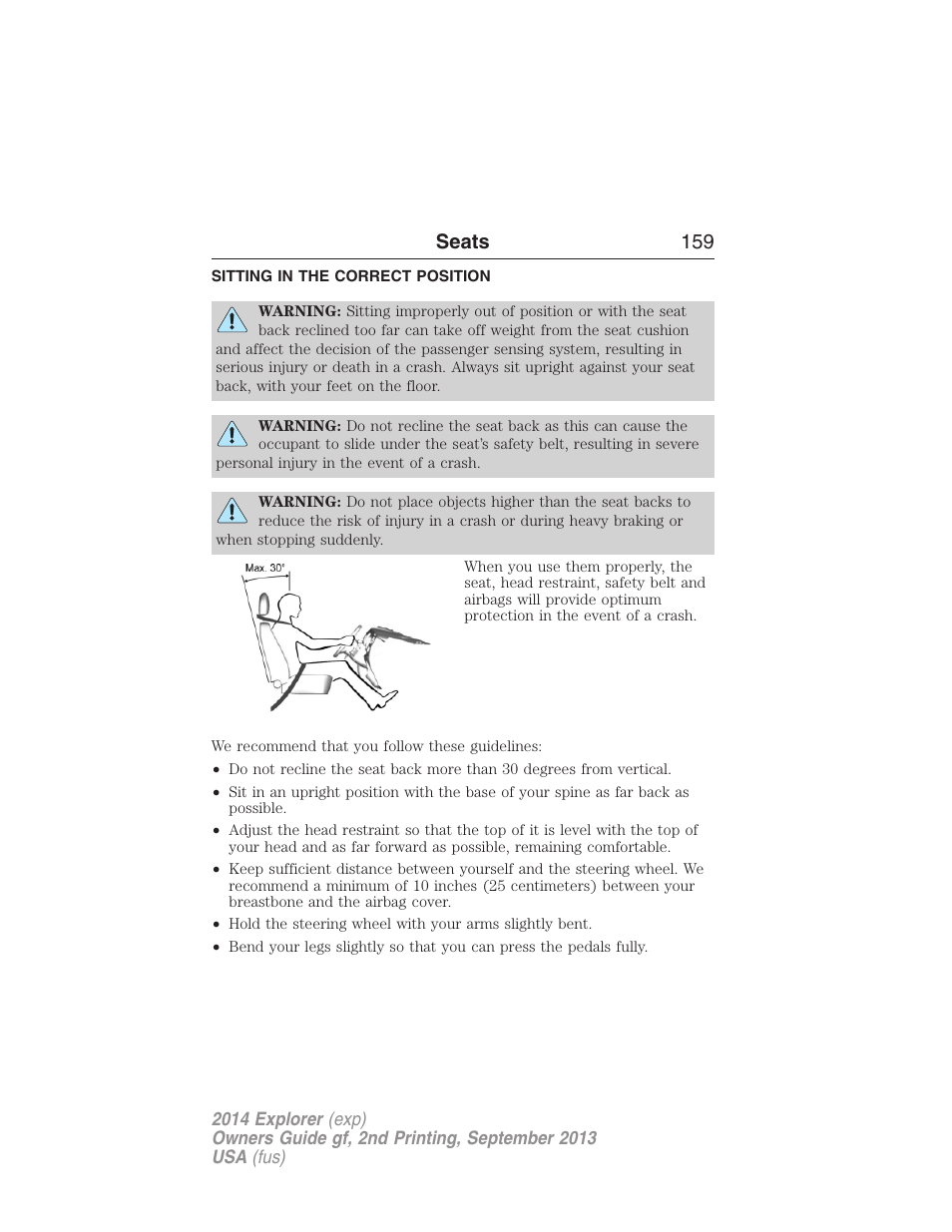 Seats, Sitting in the correct position, Seats 159 | FORD 2014 Explorer v.2 User Manual | Page 161 / 593