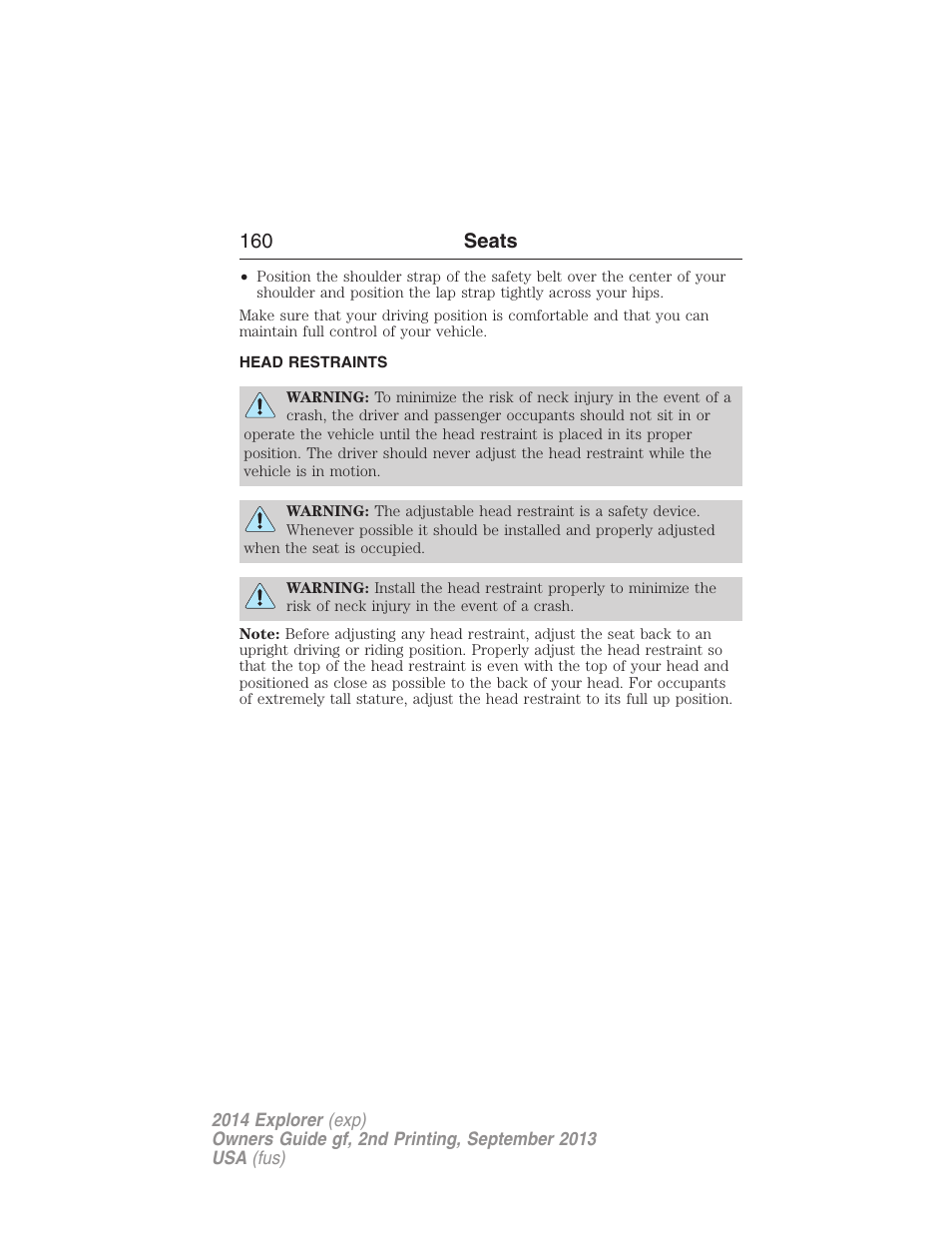 Head restraints, 160 seats | FORD 2014 Explorer v.2 User Manual | Page 162 / 593