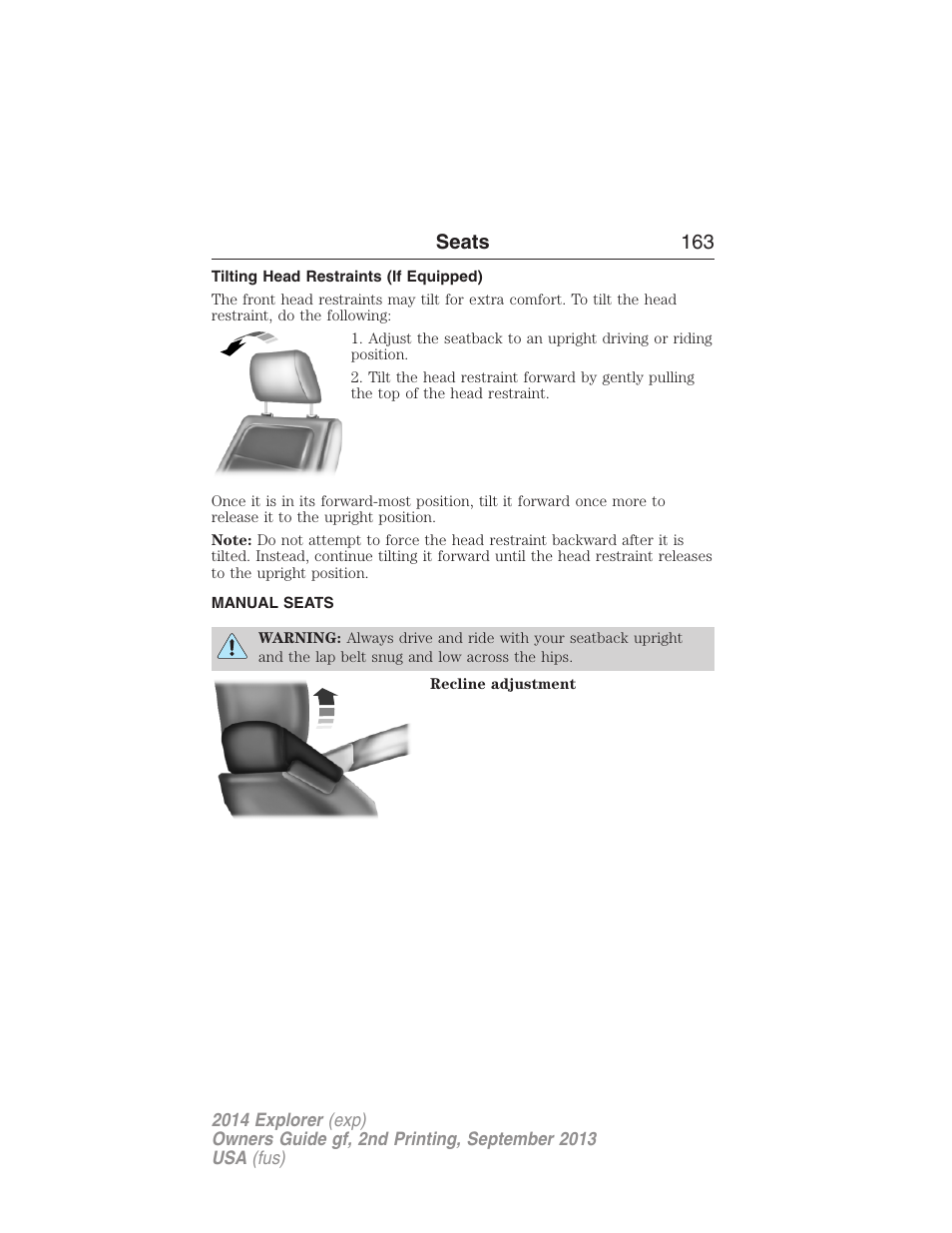 Tilting head restraints (if equipped), Manual seats, Seats 163 | FORD 2014 Explorer v.2 User Manual | Page 165 / 593