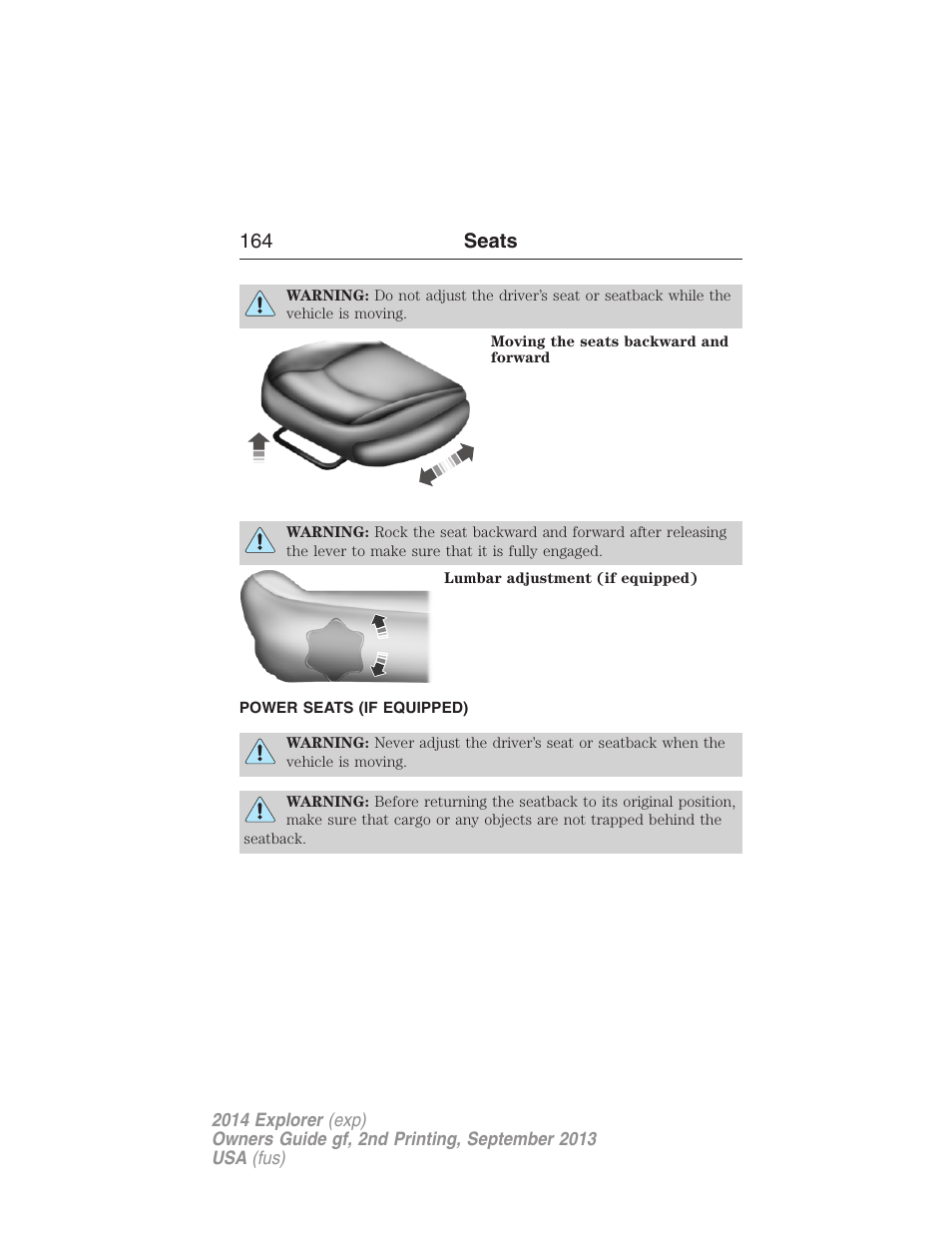 Power seats (if equipped), Power seats, 164 seats | FORD 2014 Explorer v.2 User Manual | Page 166 / 593