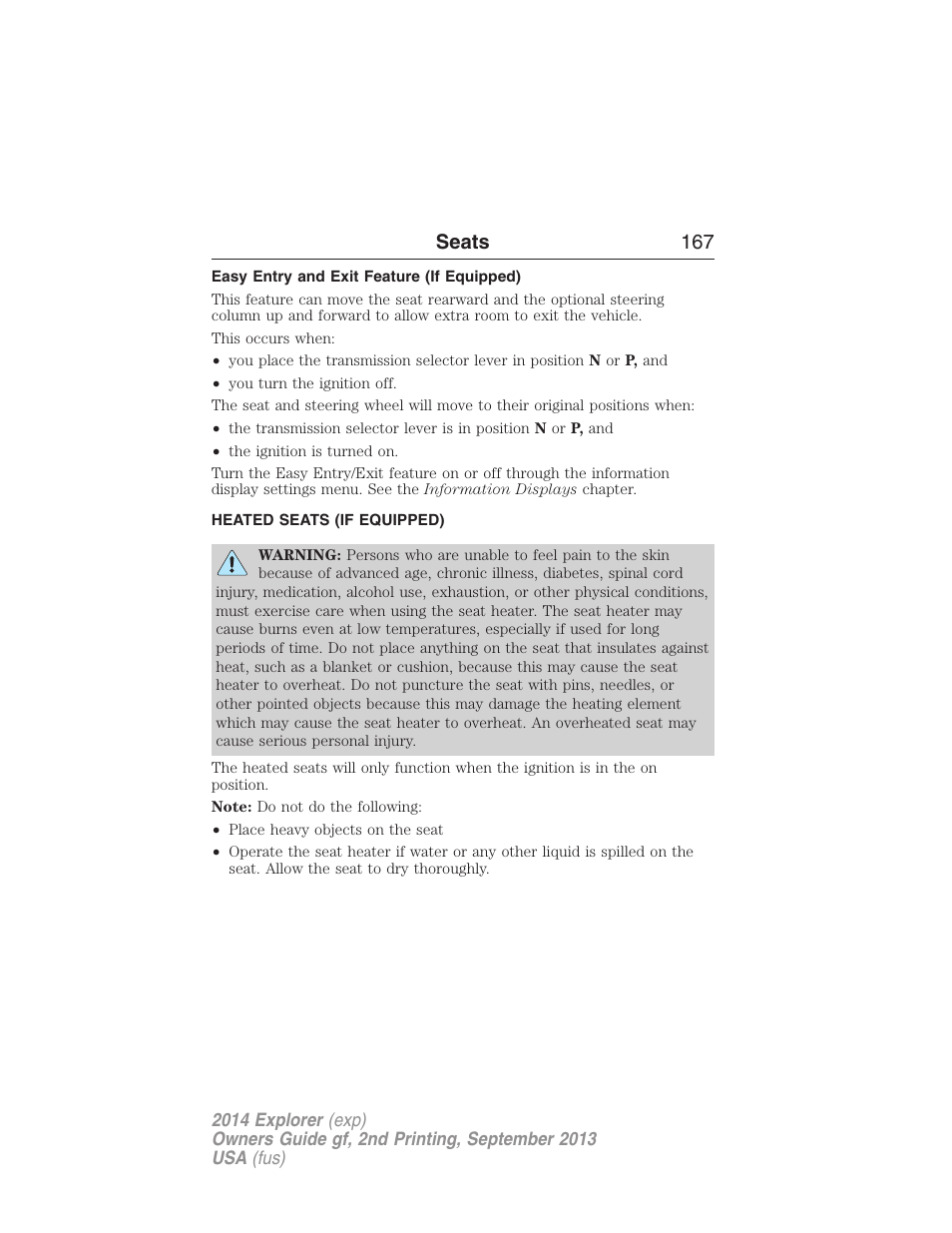 Easy entry and exit feature (if equipped), Heated seats (if equipped), Heated seats | Seats 167 | FORD 2014 Explorer v.2 User Manual | Page 169 / 593