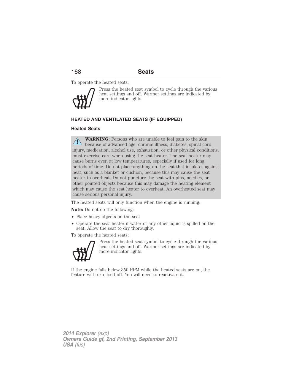 Heated and ventilated seats (if equipped), Heated seats, Heated and ventilated seats | 168 seats | FORD 2014 Explorer v.2 User Manual | Page 170 / 593