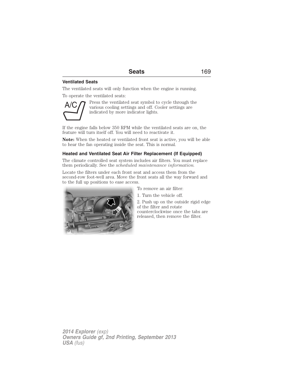 Ventilated seats, Seats 169 | FORD 2014 Explorer v.2 User Manual | Page 171 / 593