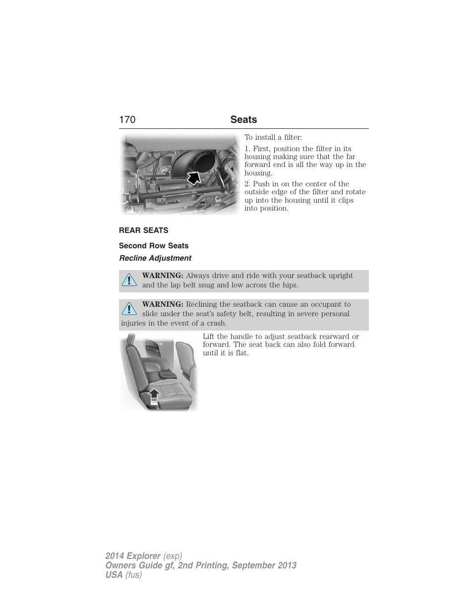 Rear seats, Second row seats, Recline adjustment | 170 seats | FORD 2014 Explorer v.2 User Manual | Page 172 / 593