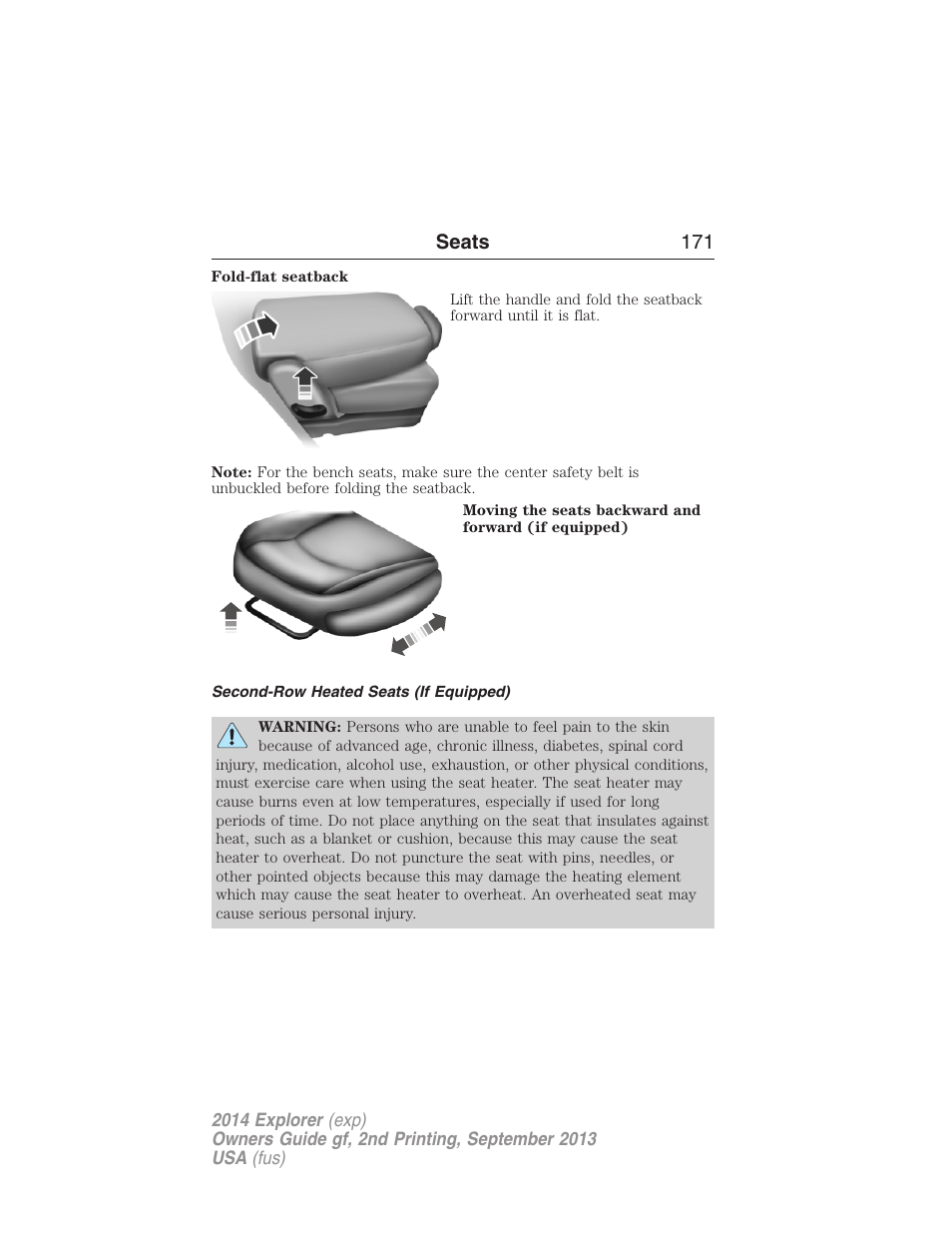 Second-row heated seats (if equipped), Seats 171 | FORD 2014 Explorer v.2 User Manual | Page 173 / 593