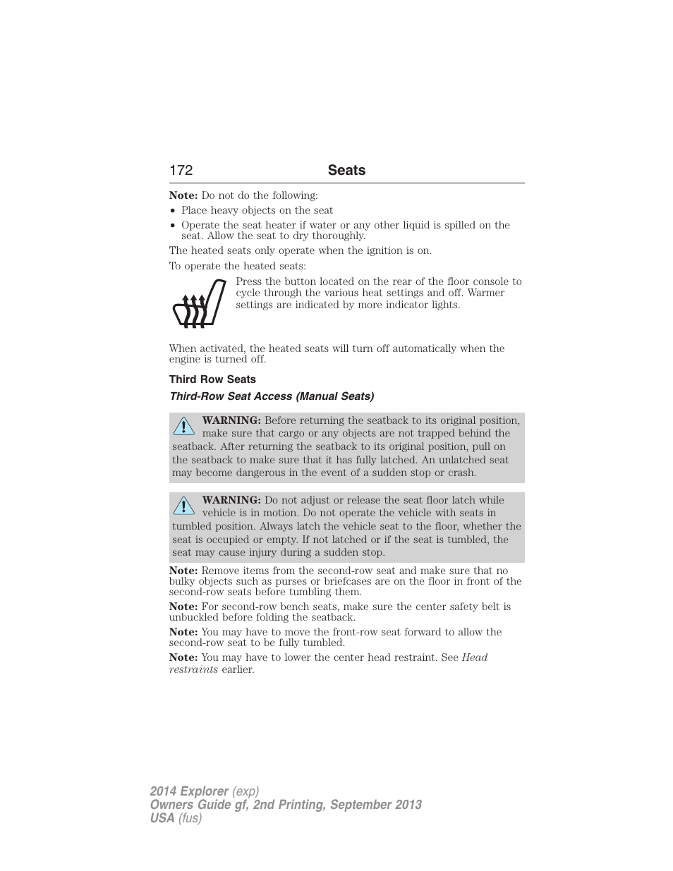Third row seats, Third-row seat access (manual seats), 172 seats | FORD 2014 Explorer v.2 User Manual | Page 174 / 593