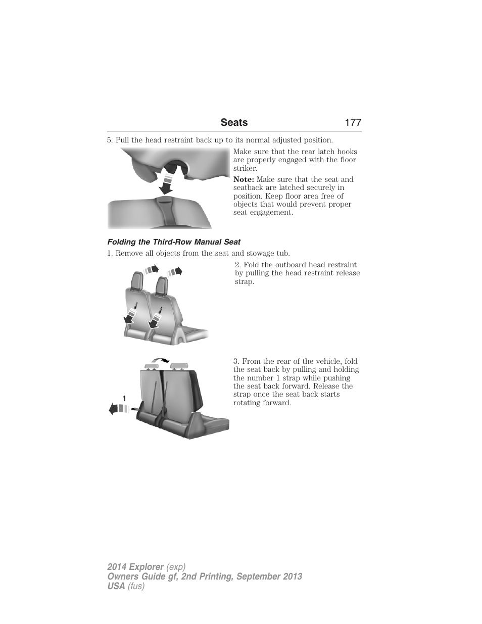 Folding the third-row manual seat, Seats 177 | FORD 2014 Explorer v.2 User Manual | Page 179 / 593