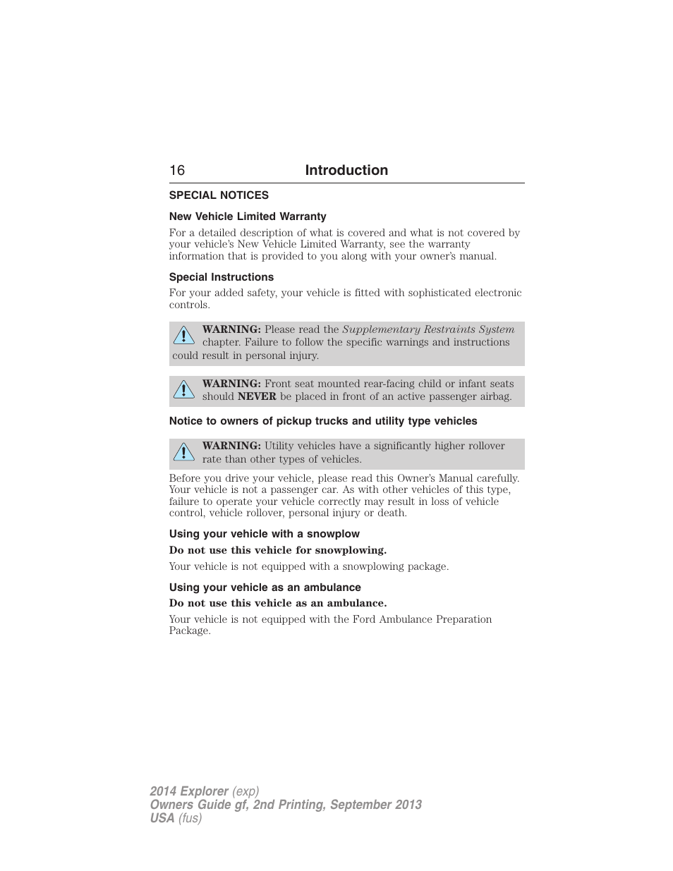 Special notices, New vehicle limited warranty, Special instructions | Using your vehicle with a snowplow, Using your vehicle as an ambulance, 16 introduction | FORD 2014 Explorer v.2 User Manual | Page 18 / 593