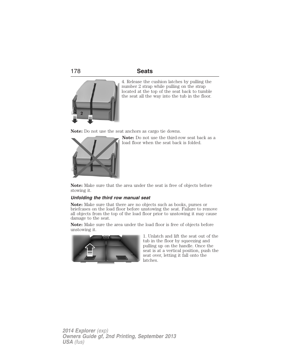 Unfolding the third row manual seat, 178 seats | FORD 2014 Explorer v.2 User Manual | Page 180 / 593