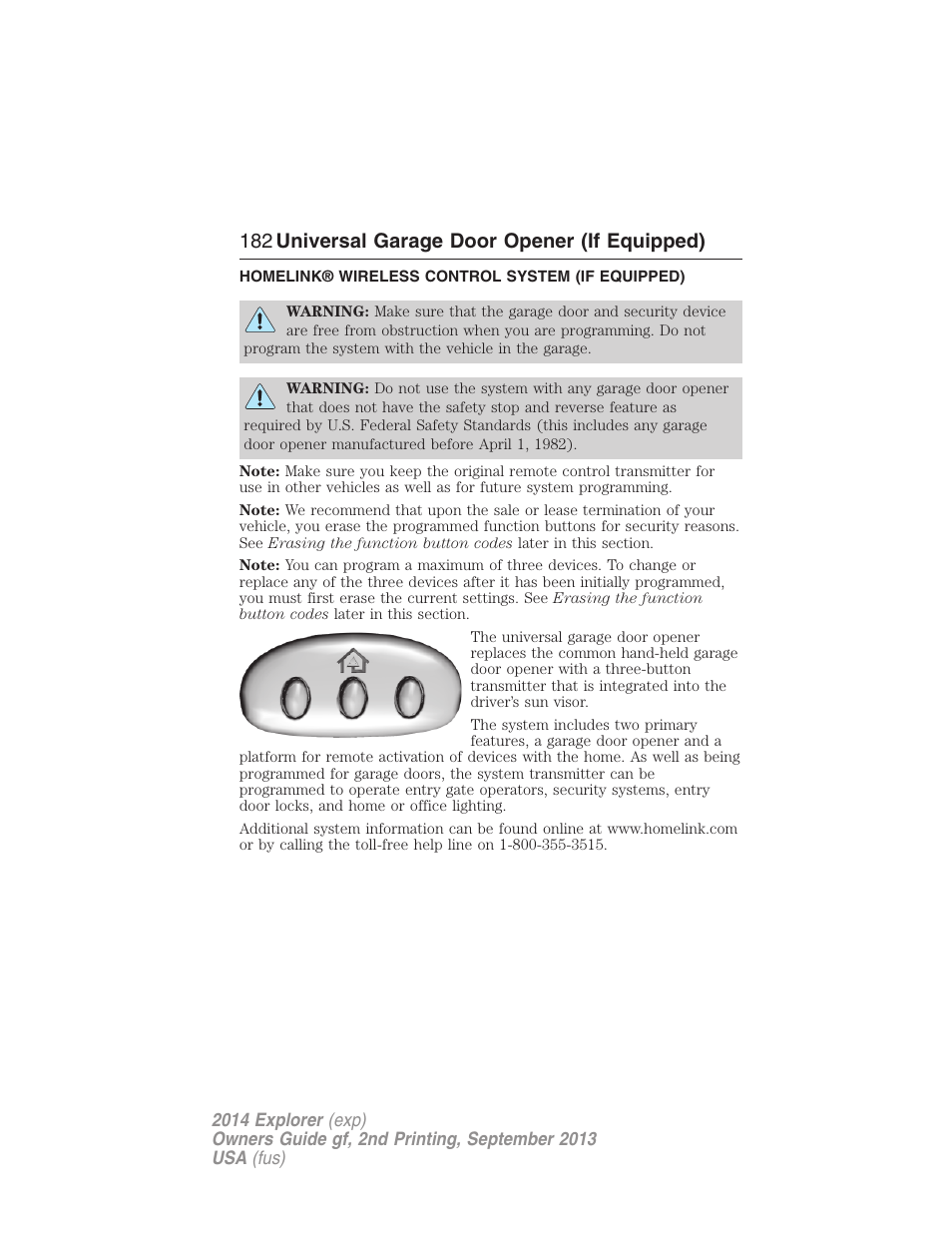 Universal garage door opener (if equipped), Homelink® wireless control system (if equipped), Homelink® wireless control system | 182 universal garage door opener (if equipped) | FORD 2014 Explorer v.2 User Manual | Page 184 / 593