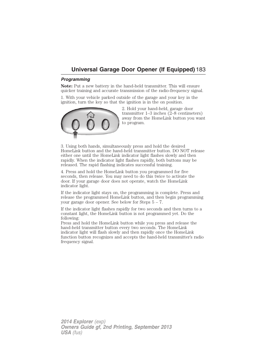 Programming, Universal garage door opener (if equipped) 183 | FORD 2014 Explorer v.2 User Manual | Page 185 / 593