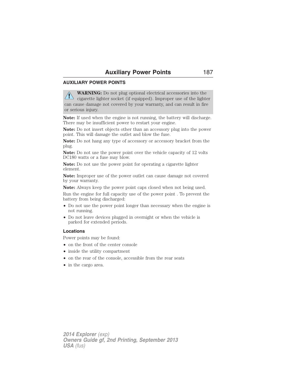 Auxiliary power points, Locations, Auxiliary power points 187 | FORD 2014 Explorer v.2 User Manual | Page 189 / 593