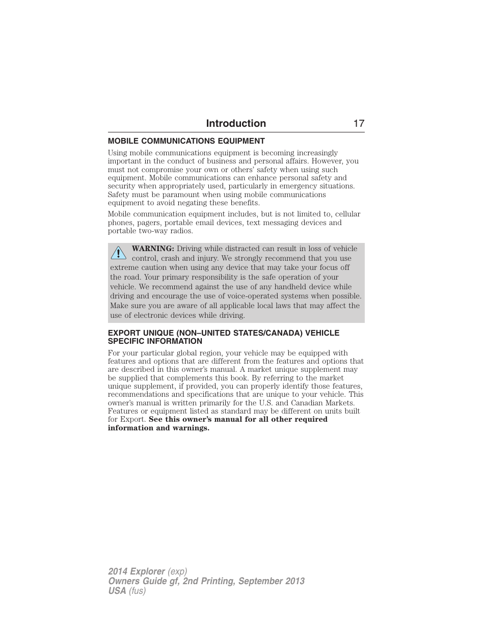 Mobile communications equipment, Introduction 17 | FORD 2014 Explorer v.2 User Manual | Page 19 / 593