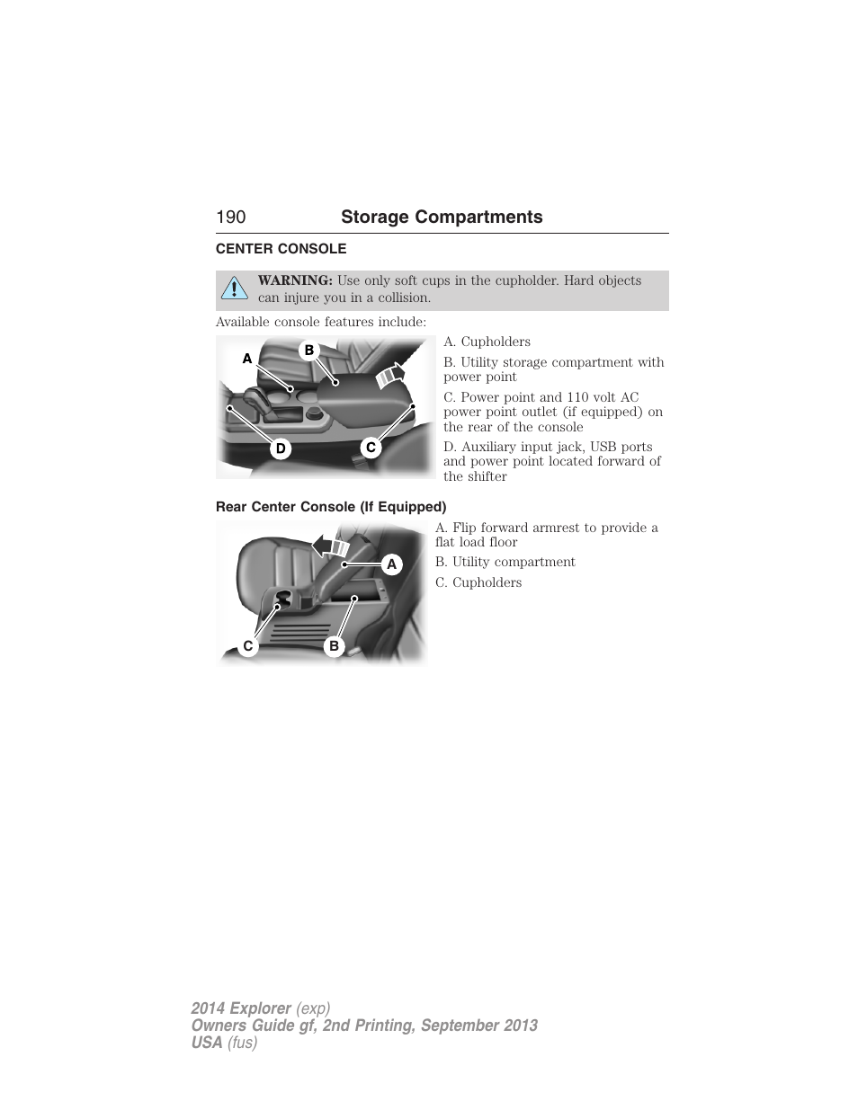 Storage compartments, Center console, Rear center console (if equipped) | 190 storage compartments | FORD 2014 Explorer v.2 User Manual | Page 192 / 593