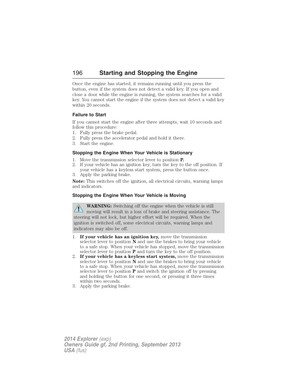 Failure to start, Stopping the engine when your vehicle is moving, 196 starting and stopping the engine | FORD 2014 Explorer v.2 User Manual | Page 198 / 593