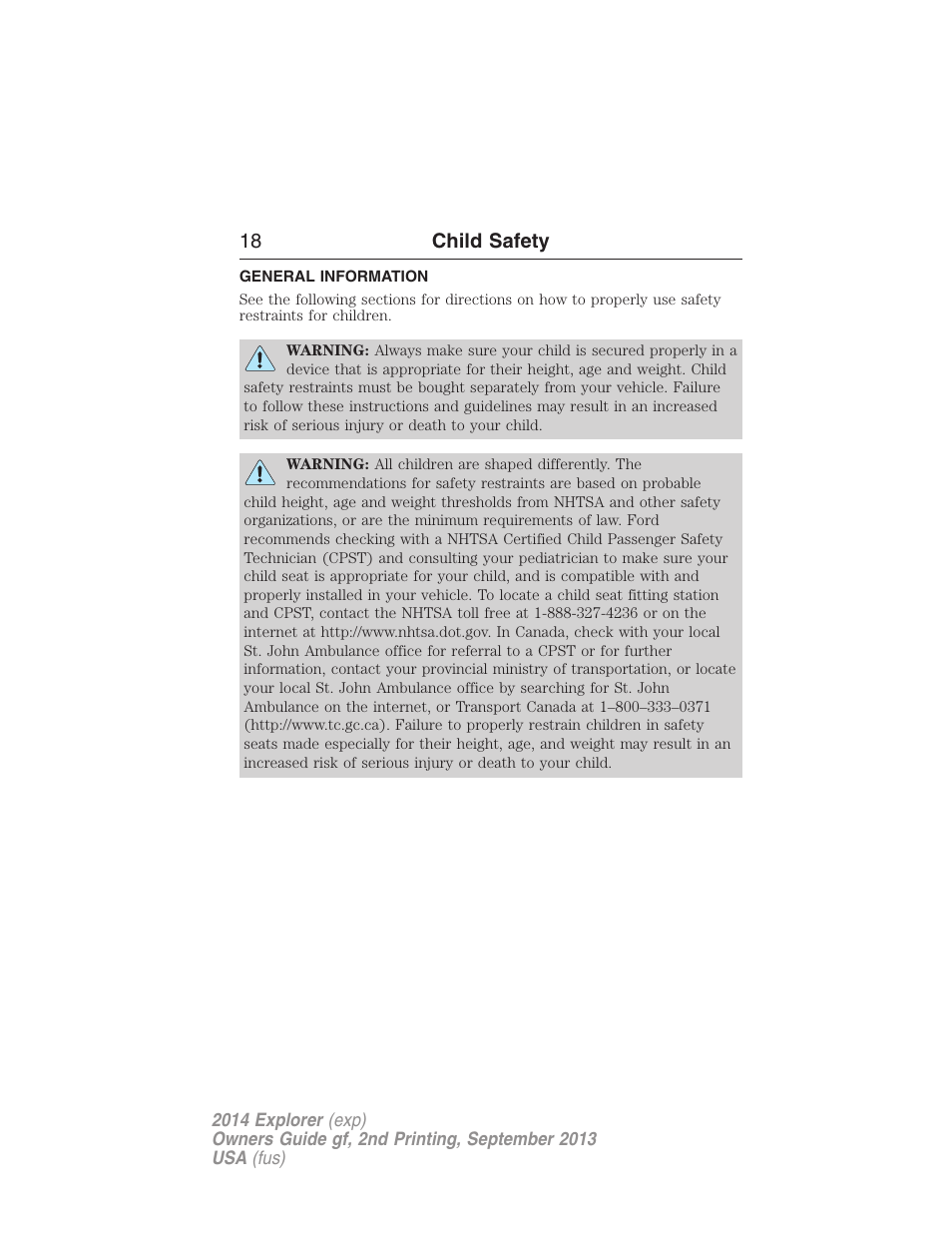 Child safety, General information, 18 child safety | FORD 2014 Explorer v.2 User Manual | Page 20 / 593