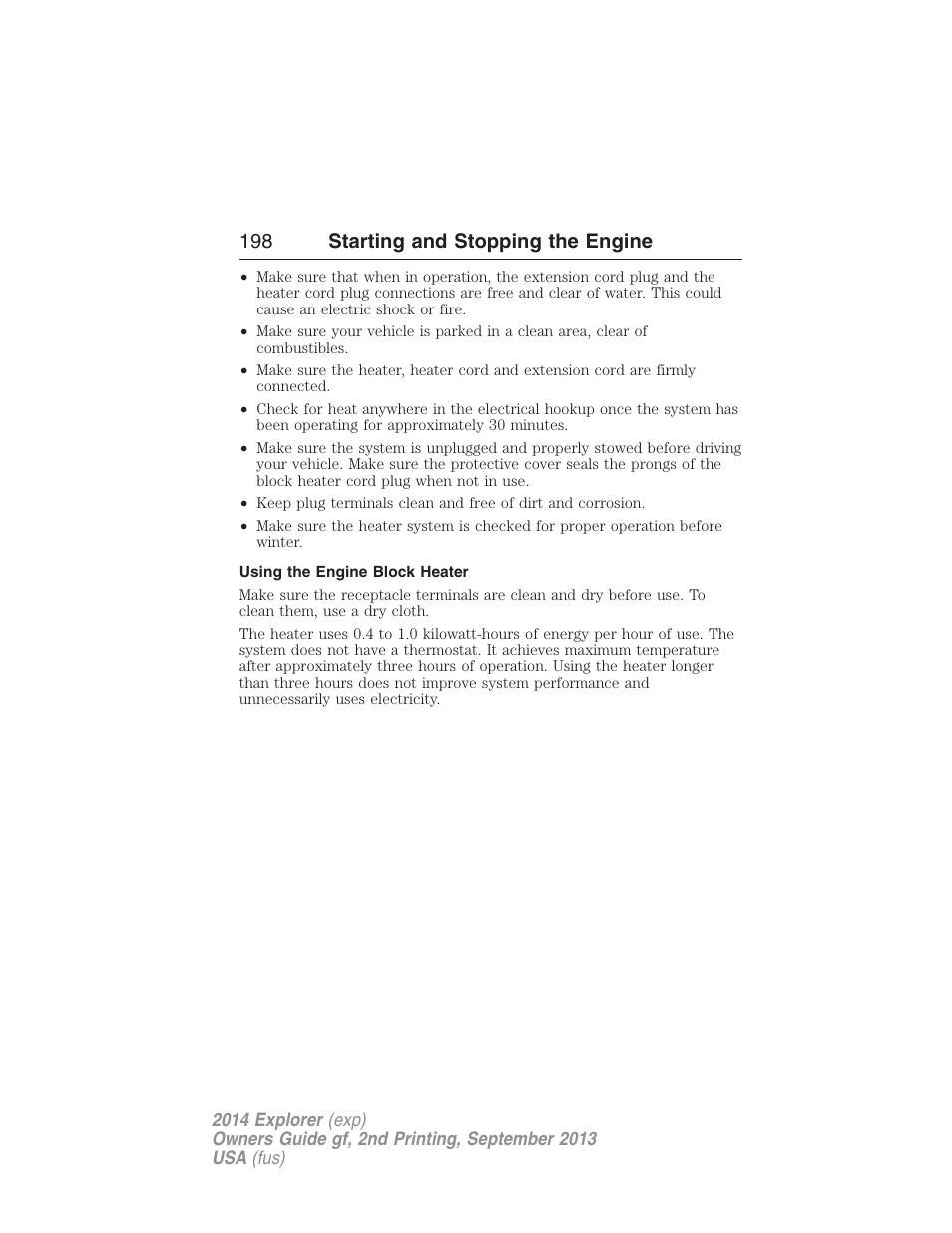 Using the engine block heater, 198 starting and stopping the engine | FORD 2014 Explorer v.2 User Manual | Page 200 / 593