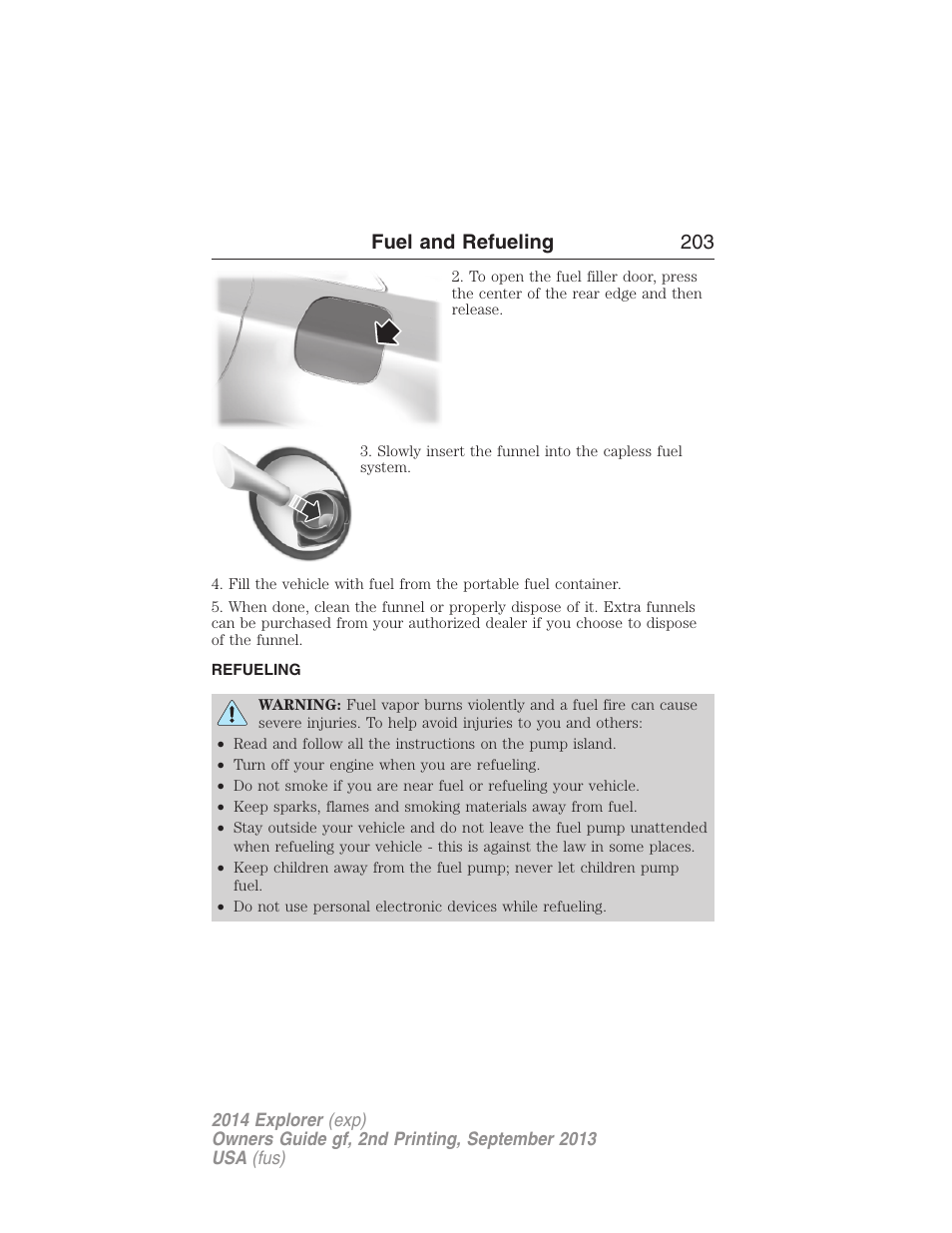 Refueling, Fuel and refueling 203 | FORD 2014 Explorer v.2 User Manual | Page 205 / 593