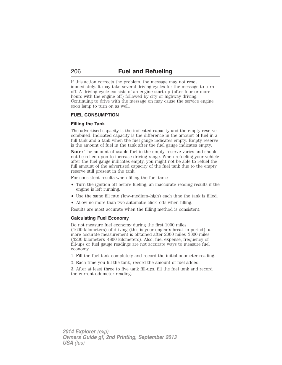 Fuel consumption, Filling the tank, Calculating fuel economy | 206 fuel and refueling | FORD 2014 Explorer v.2 User Manual | Page 208 / 593
