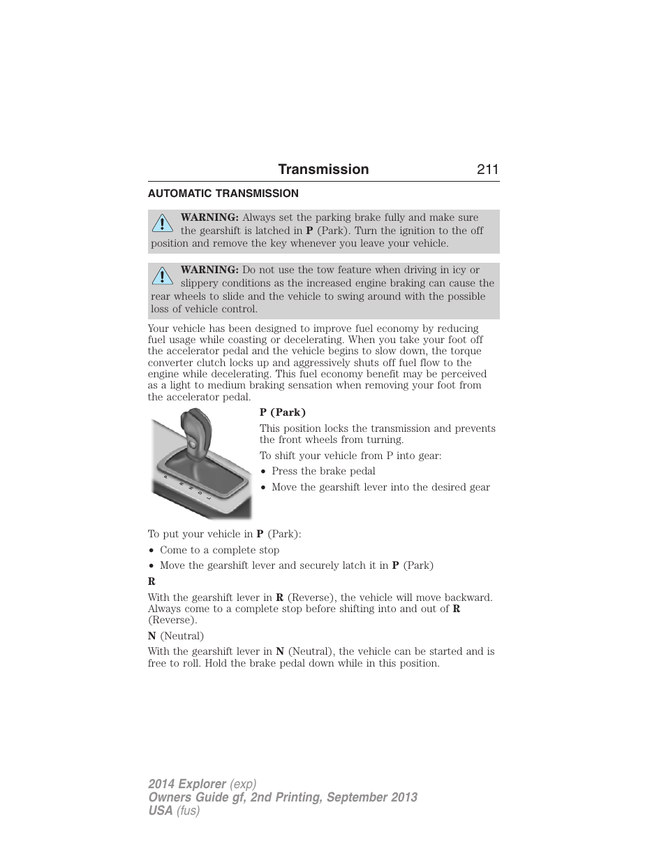 Transmission, Automatic transmission, Transmission 211 | FORD 2014 Explorer v.2 User Manual | Page 213 / 593