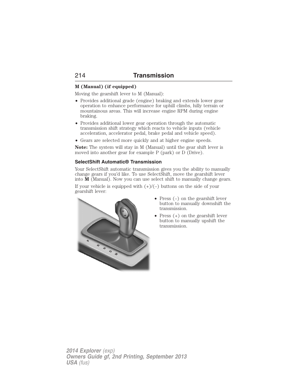 Selectshift automatic® transmission, 214 transmission | FORD 2014 Explorer v.2 User Manual | Page 216 / 593