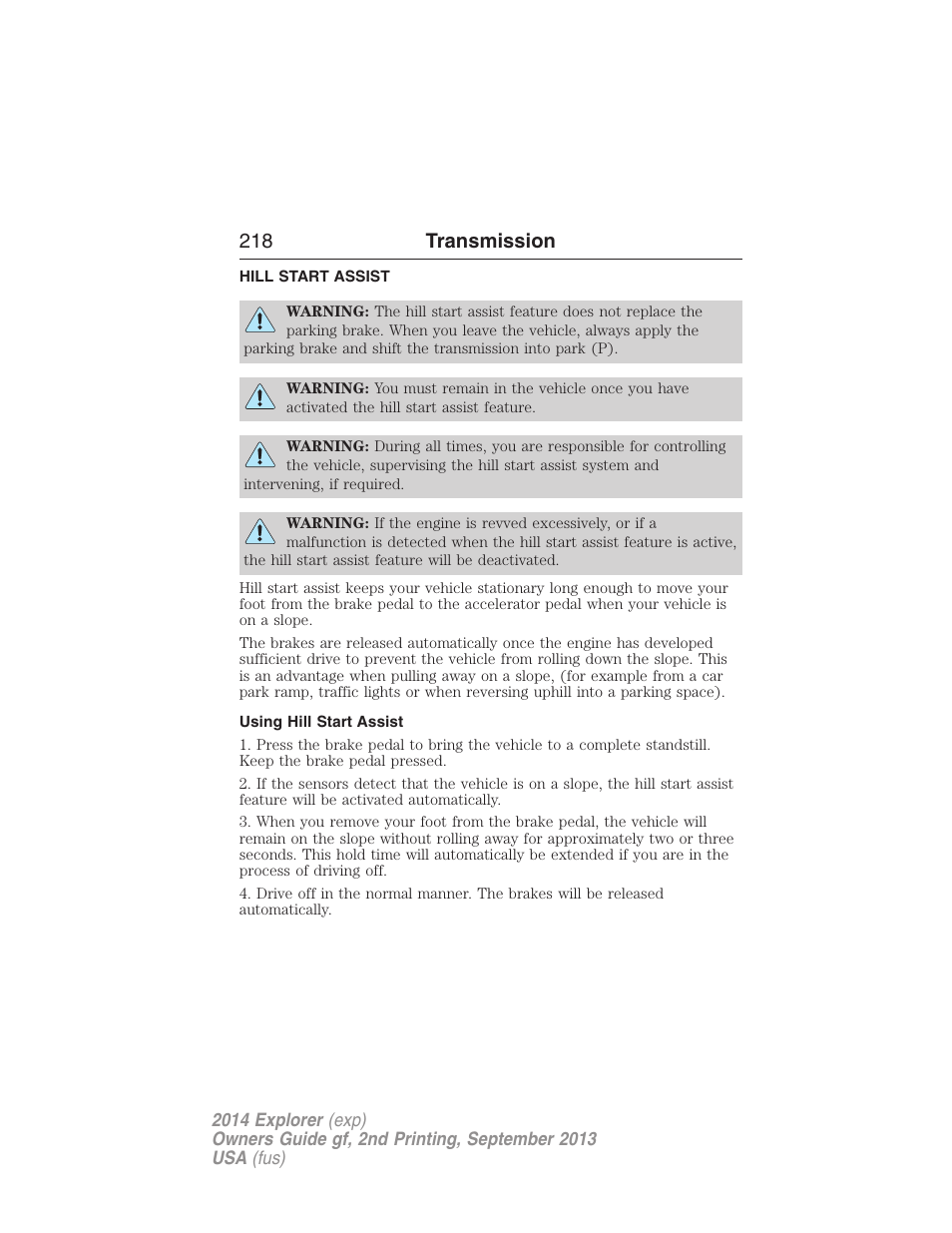 Hill start assist, Using hill start assist, 218 transmission | FORD 2014 Explorer v.2 User Manual | Page 220 / 593