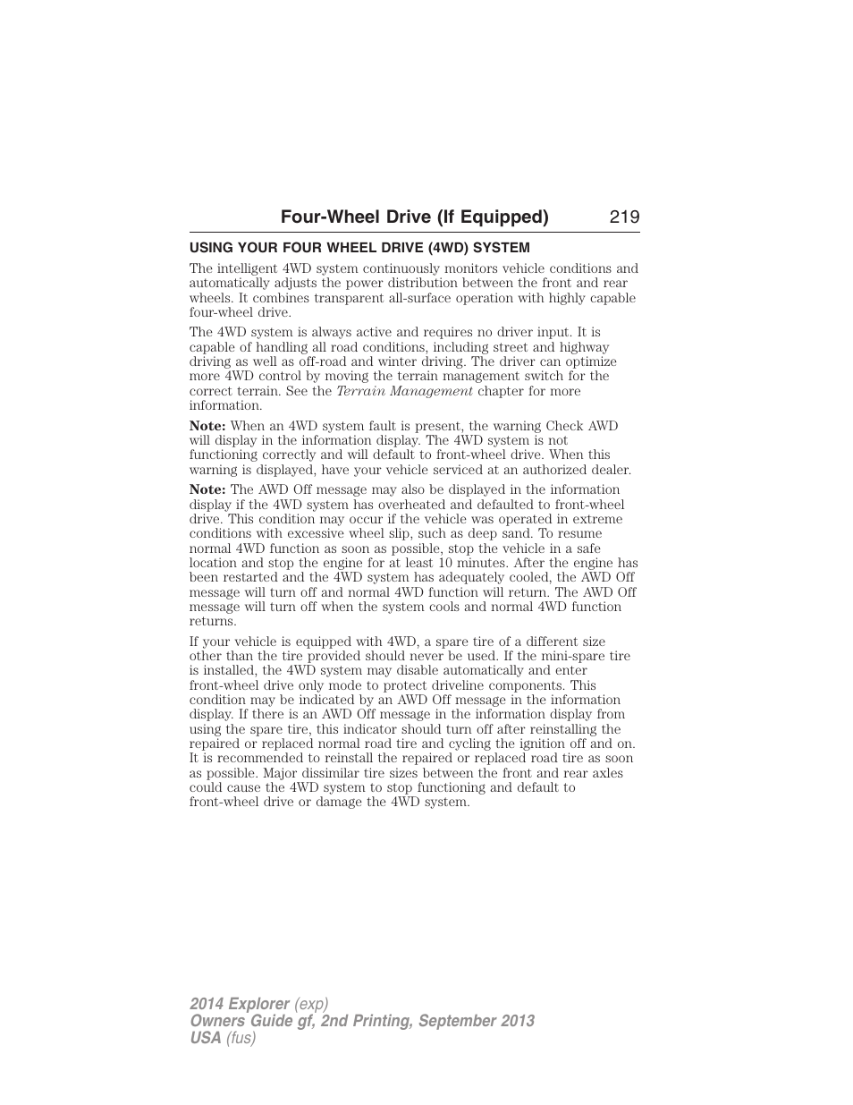 Four-wheel drive (if equipped), Using your four wheel drive (4wd) system, Four wheel drive | Four-wheel drive (if equipped) 219 | FORD 2014 Explorer v.2 User Manual | Page 221 / 593