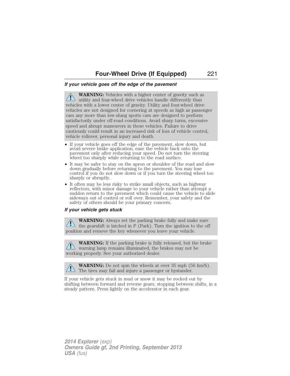 If your vehicle goes off the edge of the pavement, If your vehicle gets stuck, Four-wheel drive (if equipped) 221 | FORD 2014 Explorer v.2 User Manual | Page 223 / 593