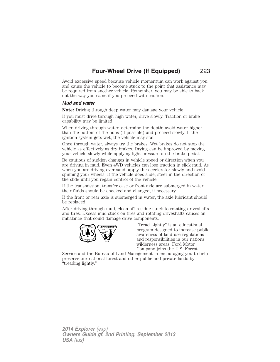 Mud and water, Four-wheel drive (if equipped) 223 | FORD 2014 Explorer v.2 User Manual | Page 225 / 593