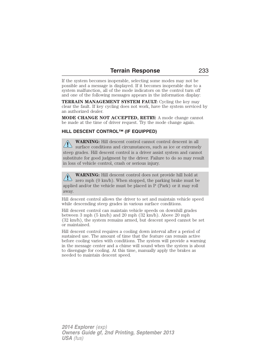 Hill descent control™ (if equipped), Hill descent control, Terrain response 233 | FORD 2014 Explorer v.2 User Manual | Page 235 / 593