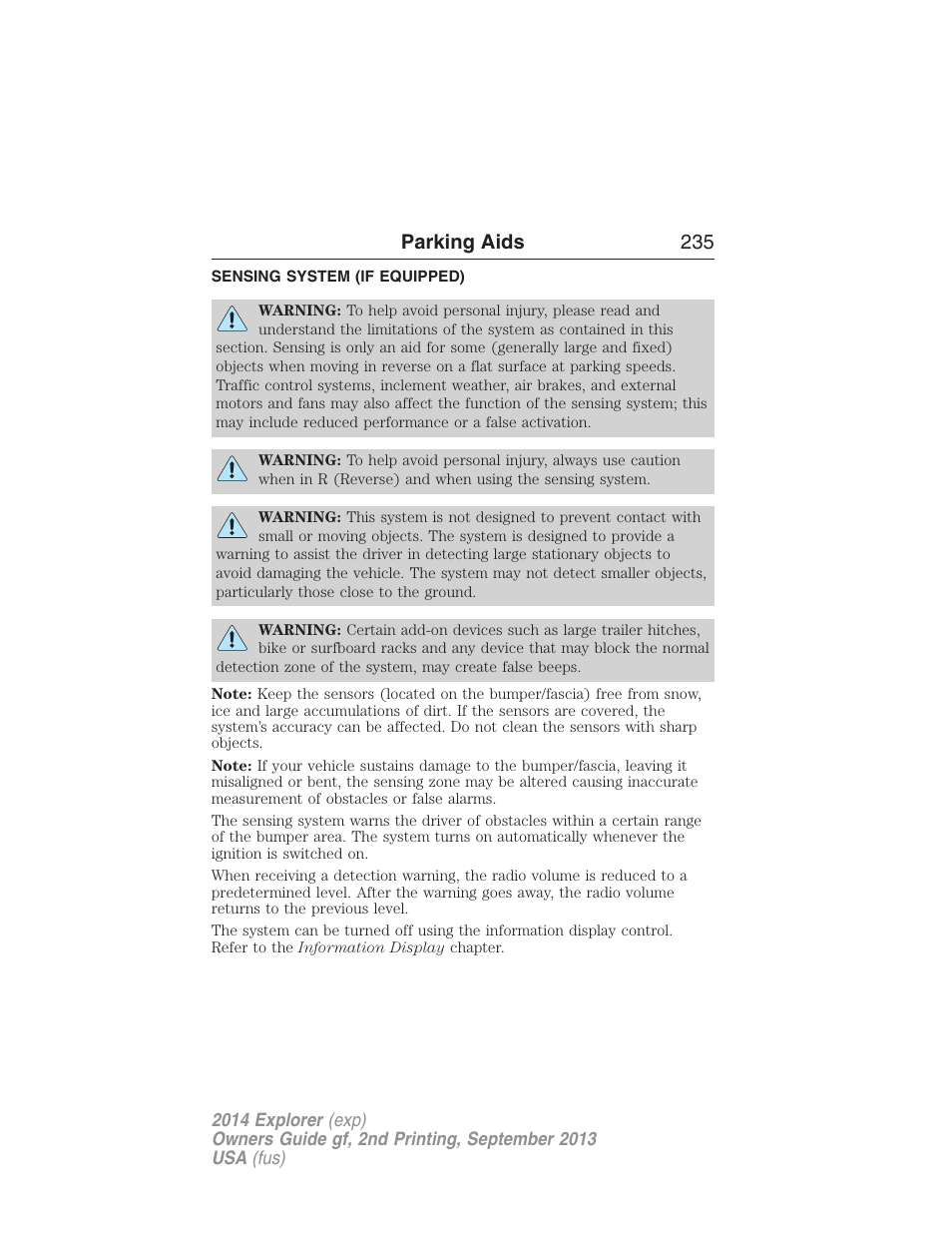 Parking aids, Sensing system (if equipped), Sensing system | Parking aids 235 | FORD 2014 Explorer v.2 User Manual | Page 237 / 593