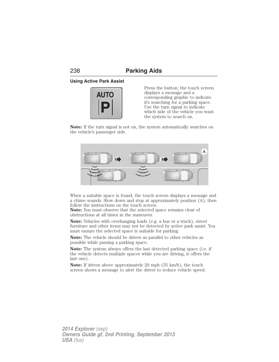 Using active park assist, Auto | FORD 2014 Explorer v.2 User Manual | Page 240 / 593