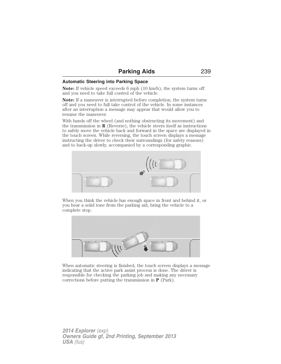 Automatic steering into parking space, Parking aids 239 | FORD 2014 Explorer v.2 User Manual | Page 241 / 593