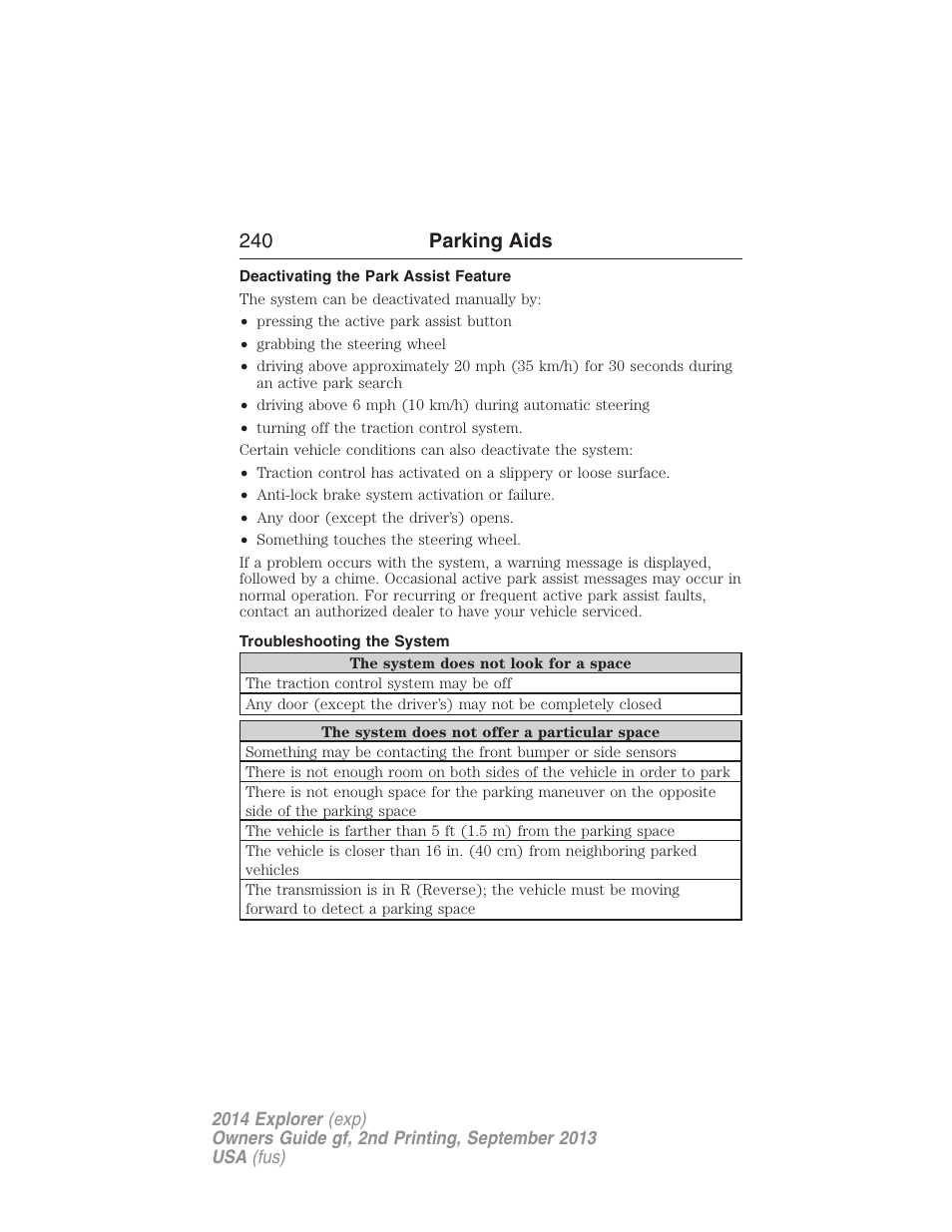 Deactivating the park assist feature, Troubleshooting the system, 240 parking aids | FORD 2014 Explorer v.2 User Manual | Page 242 / 593